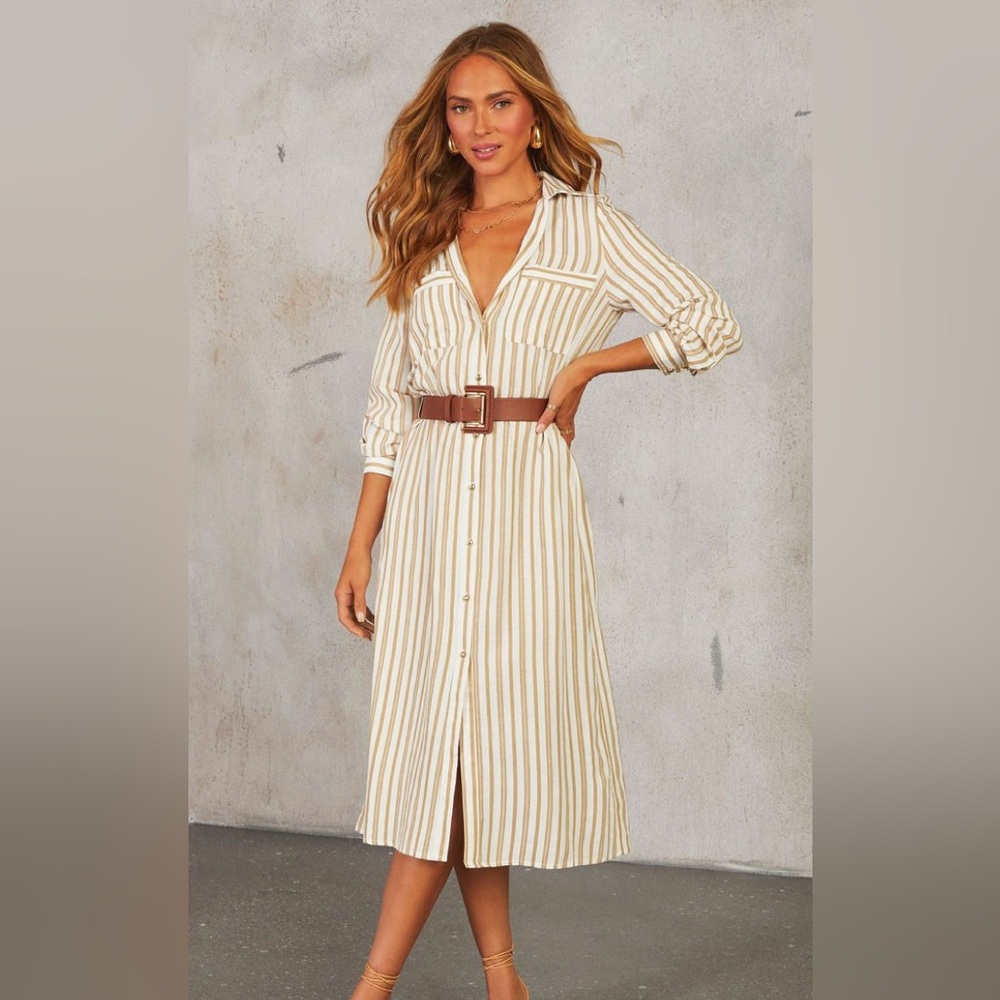 Zara White Striped Midi Dress with Tan Belt